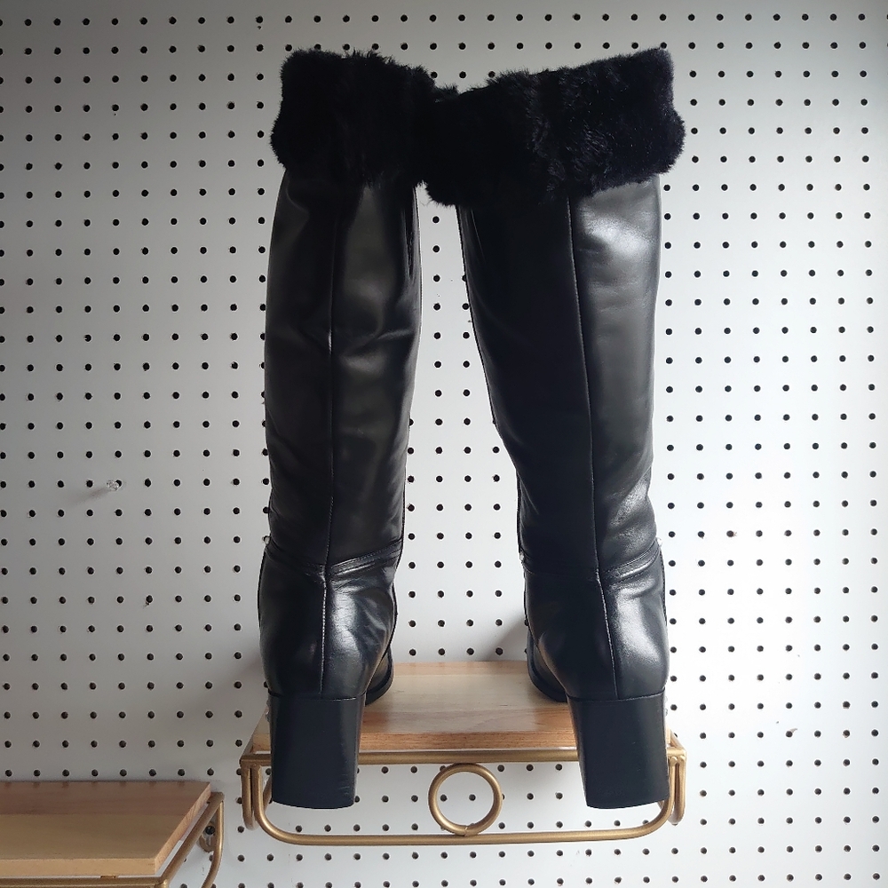 Westies Chunky Heel Block Leather, Fur And Rivet Rhinestone Winter Boots Black - Picture 7 of 14